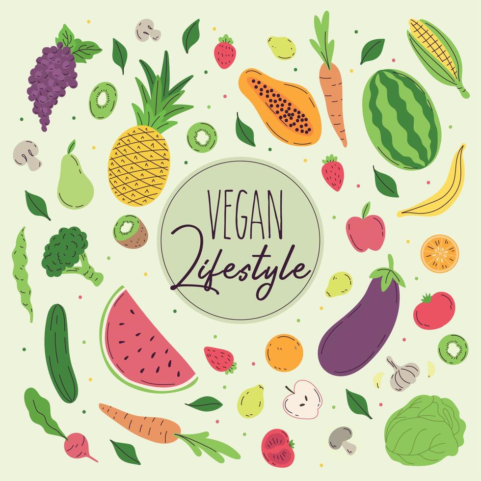 Verschiedene Früchte und Gemüse rund um einen veganen Lifestyle-Vektor vektor