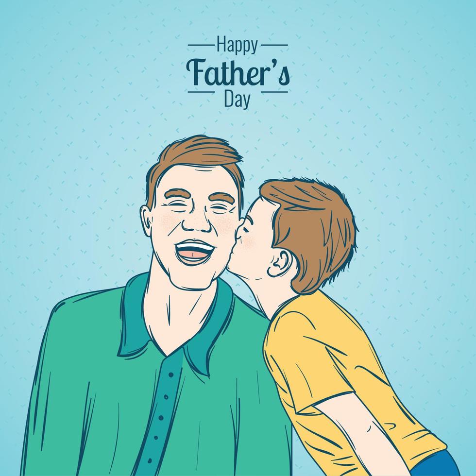 barn som ger en kyss till sin pappa tecknade glada fars dag vektor