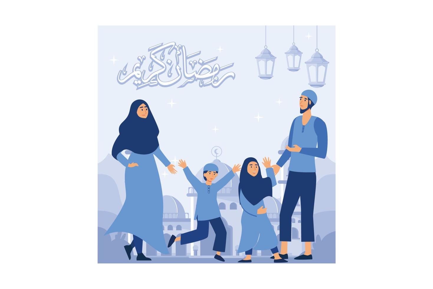 glückliche eid al-fitr-illustration. muslimische leute feiern eid al-fitr. Vektor in einem flachen Stil