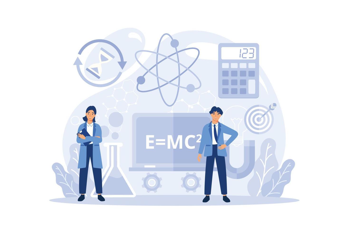 Fachkonzept der Physikschule. Wissenschaftler erforschen Elektrizität, Magnetismus, Lichtwellen und Kräfte. theoretisches und praktisches Studium. Physikkurs und Unterricht. isolierte Vektorillustration vektor