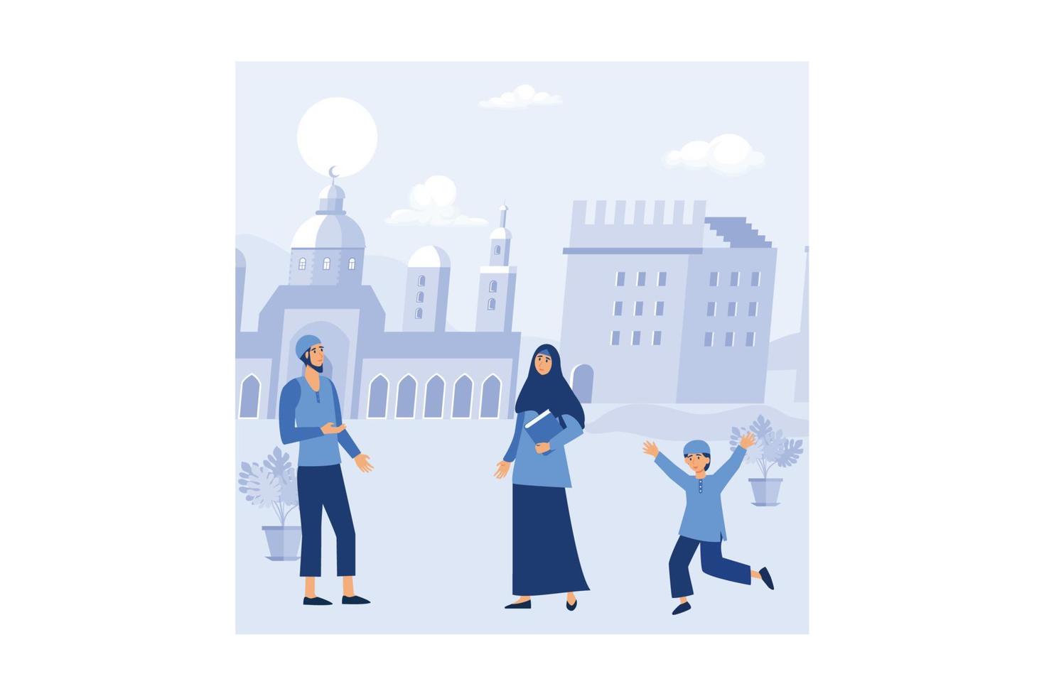 glad eid al-fitr illustration. muslimska människor som firar eid al-fitr. vektor i platt stil