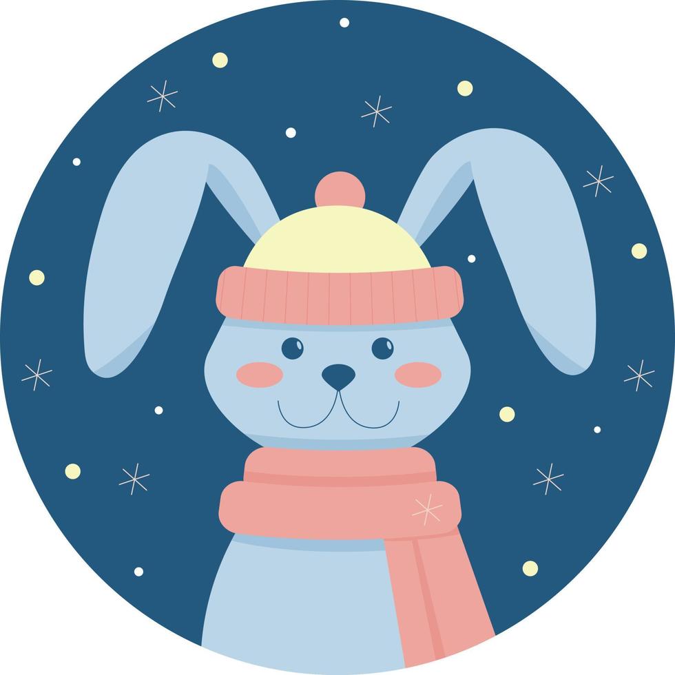 söt kanin i hatt och halsduk. symbol för det nya året. hej vintervykort. platt tecknad vektorillustration. vektor
