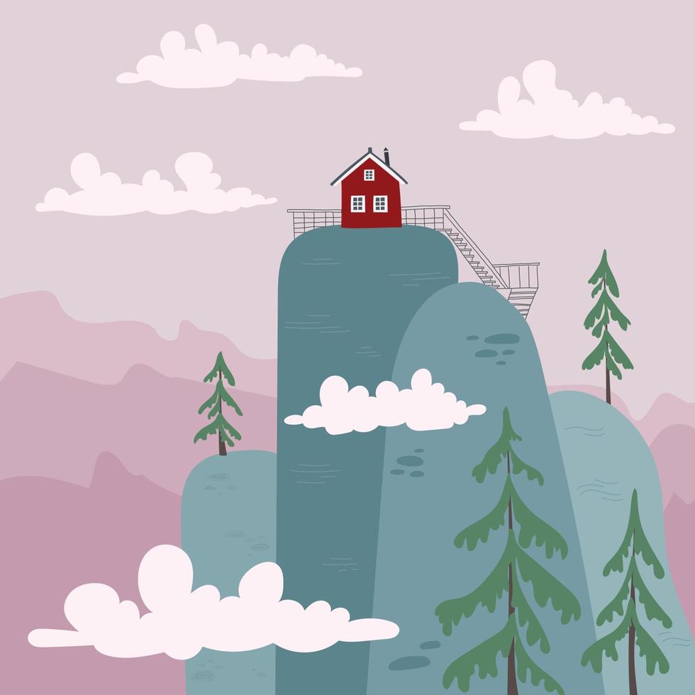 Berglandschaft mit einem gemütlichen Haus auf einem Berg im flachen Stil. vektor