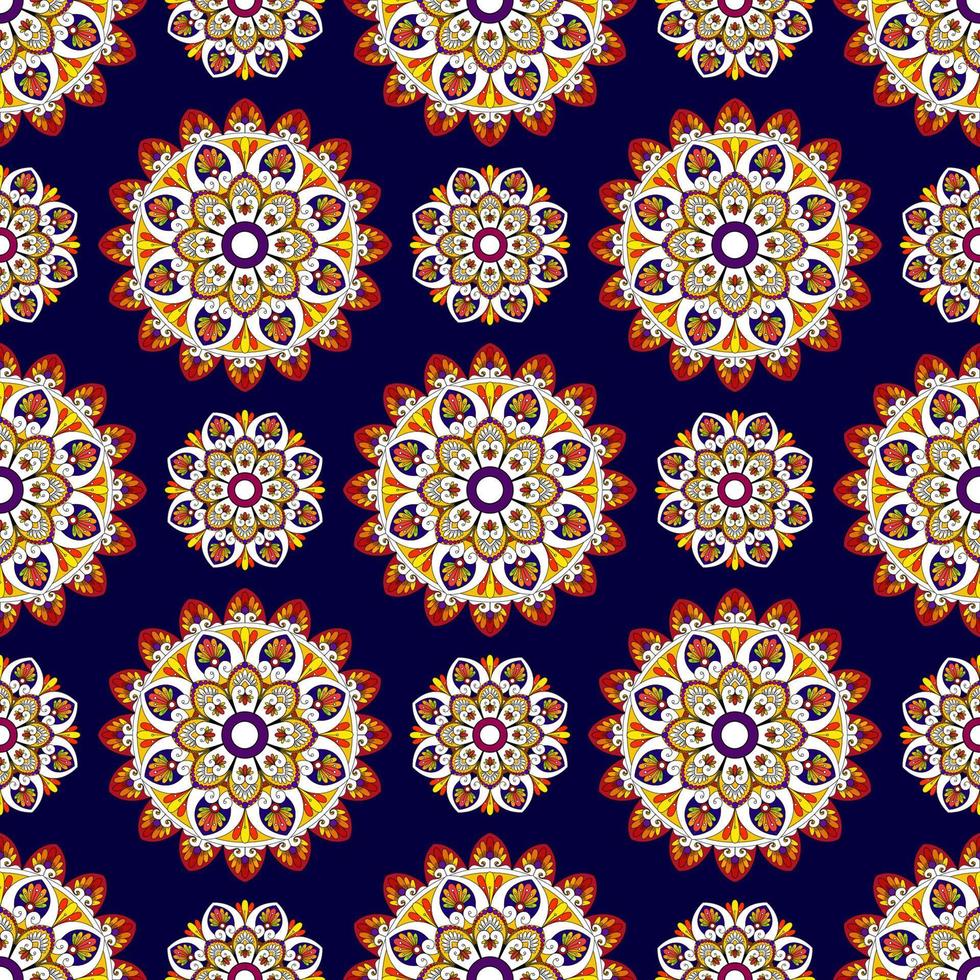 Ikat abstraktes geometrisches Mandala ethnisches nahtloses Musterdesign. aztekischer Stoff Teppich Mandala Ornamente Textildekorationen Tapete. Tribal Boho native Mandalas Truthahn traditioneller Stickvektor vektor