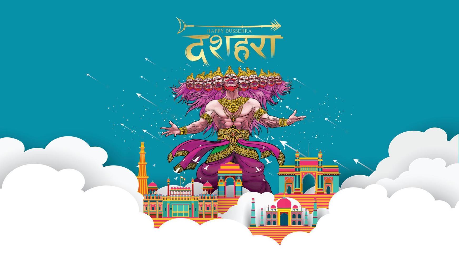 kreative vektorillustration von lord rama, der ravana beim glücklichen dussehra navratri poster festival von indien tötet. übersetzung dussehra vektor