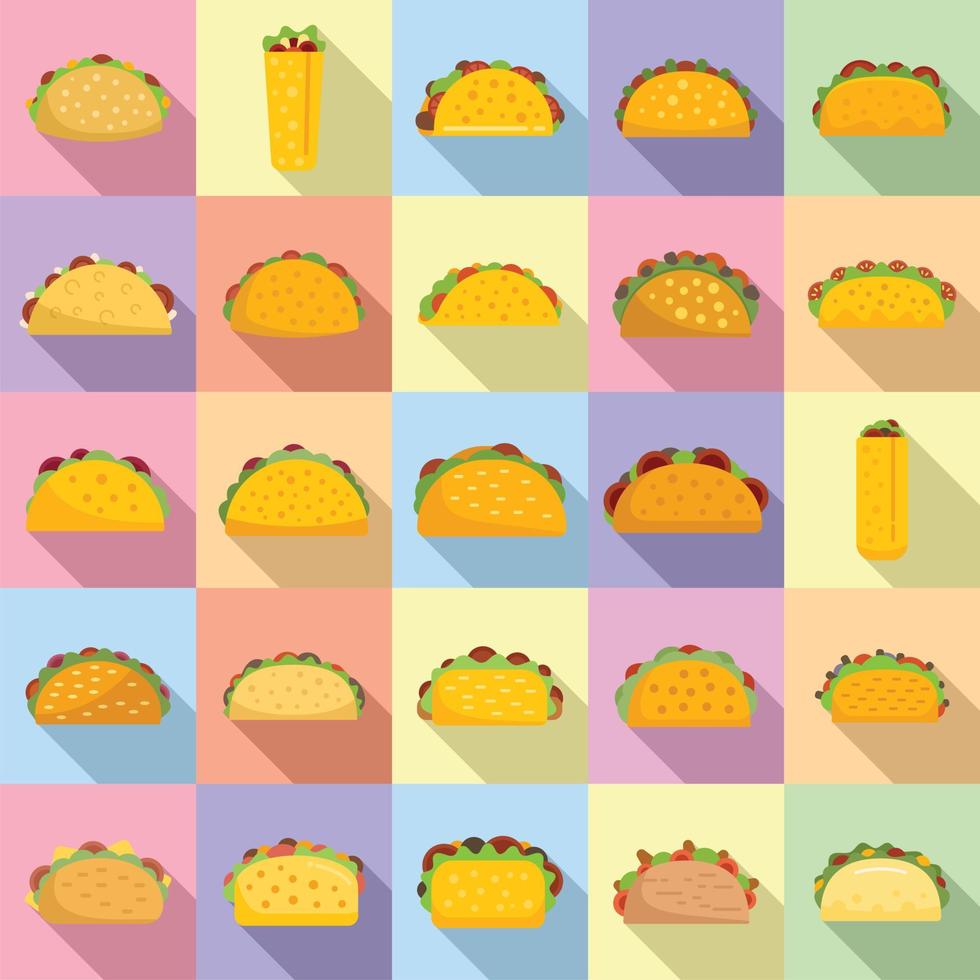 Tacos-Symbole setzen flachen Vektor. Speisekarte vektor