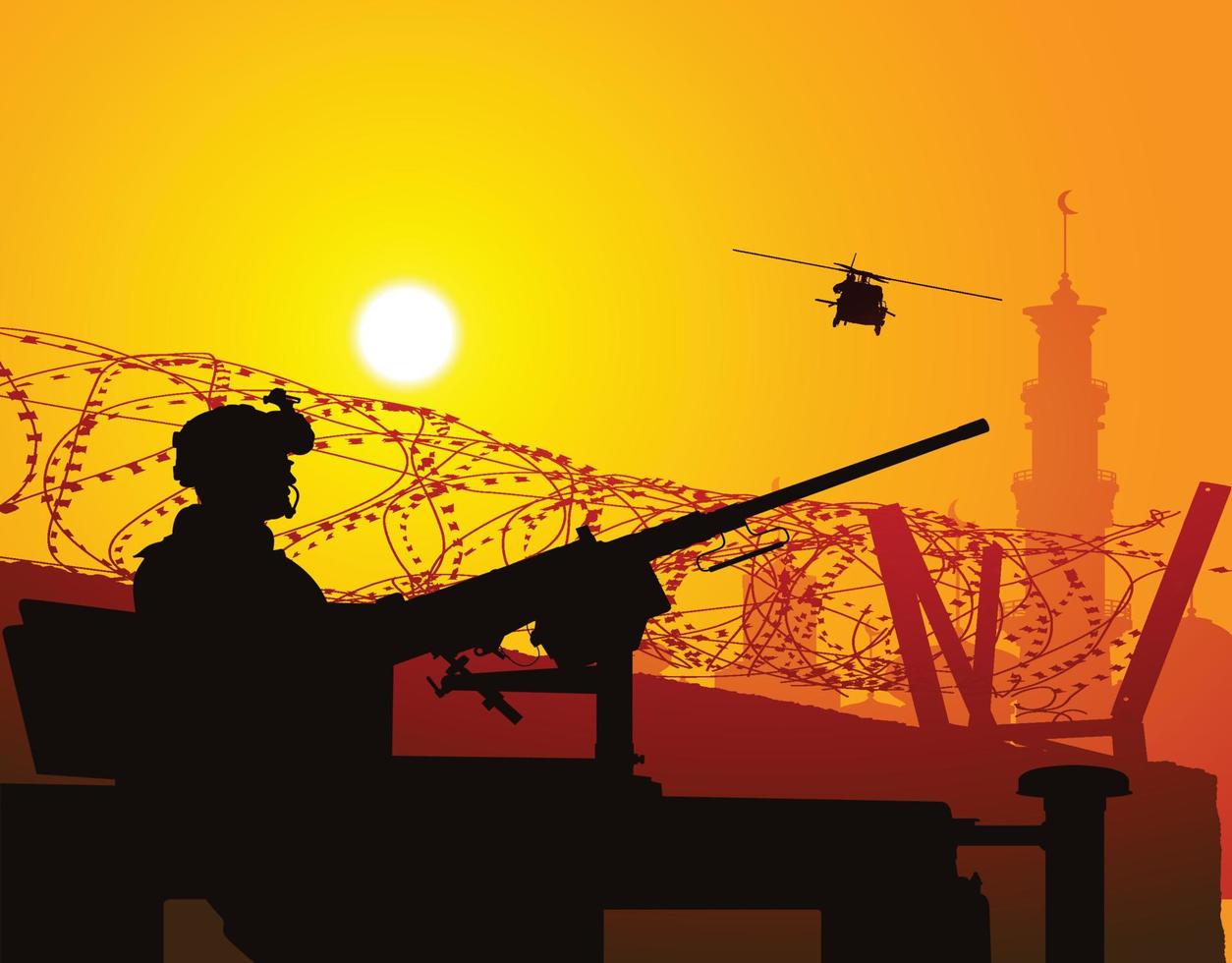 Soldaten bewachen die Stadtmauer bei Sonnenuntergang vektor