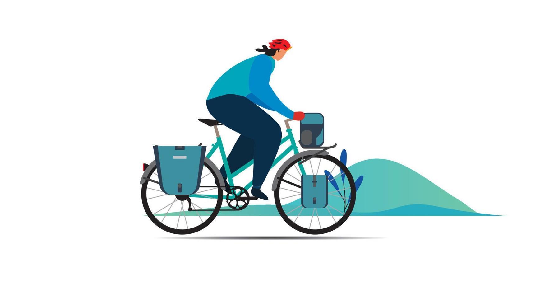 Fahrrad-Abenteuer-Geek-Reise-Lifestyle-Konzept der Planung eines Sommerurlaubs Tourismus- und Reisesymbol Fahrrad-Gebirgswald-moderne flache Design-Ikonen-Vorlagen-Vektorillustration vektor