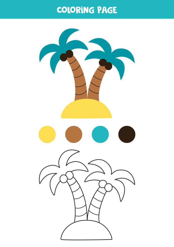 Malvorlage mit tropischer Insel. Arbeitsblatt für Kinder. vektor