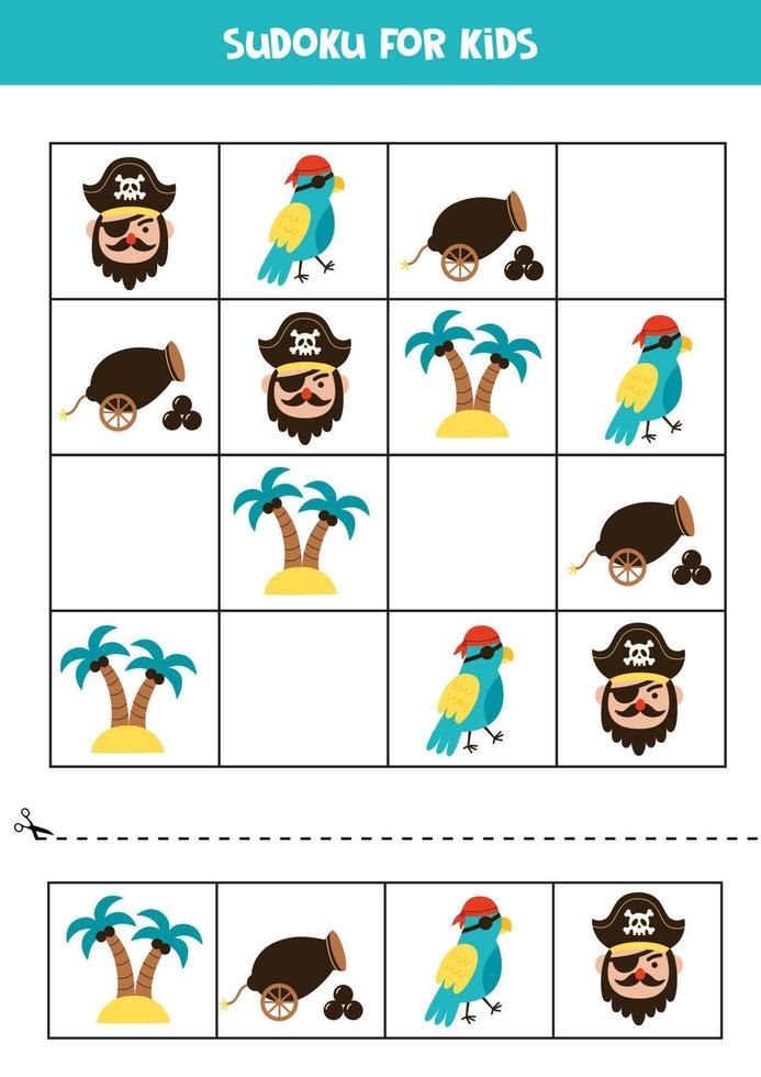 Lern-Sudoku-Spiel mit Piratenelementen für Kinder. vektor