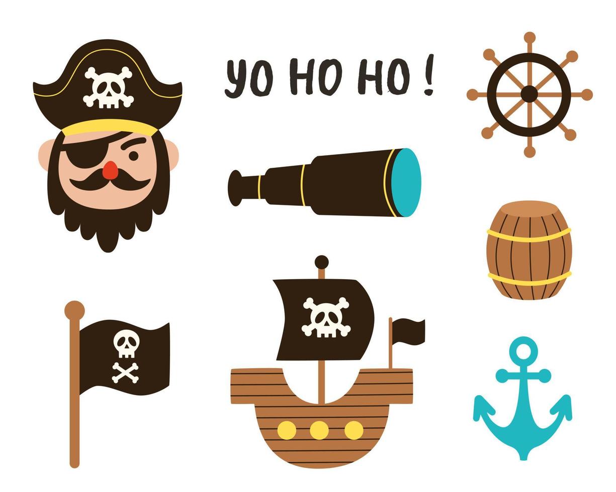 satz handgezeichneter piratenelemente zum erstellen von logos, karten, arbeitsblättern und postern. vektor