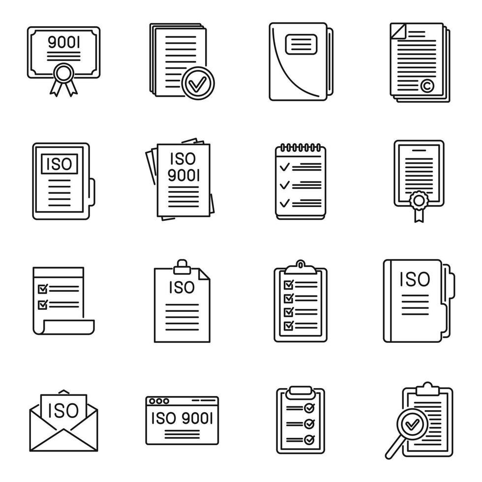 zertifizierte Standardsymbole setzen Umrissvektor. ISO-Zertifikat vektor