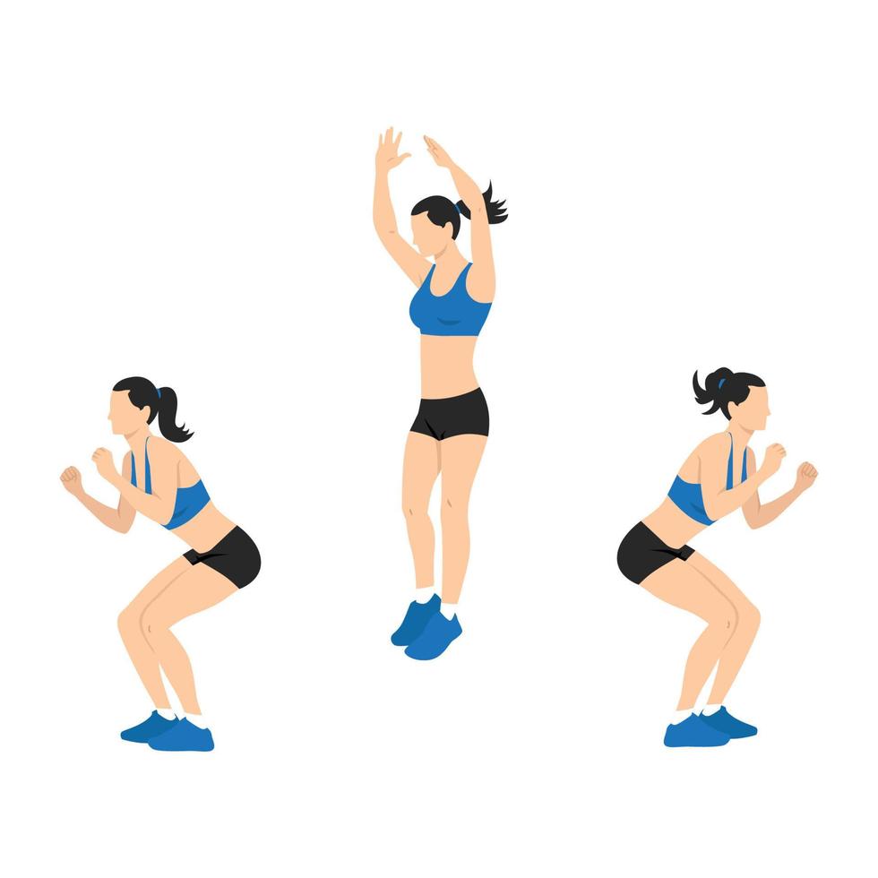 180 graders vridande jump squats. idrottsövning. vektor av en kvinna som tränar. träning, utbildning vektor illustration