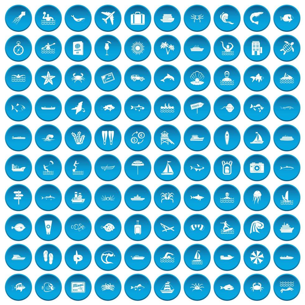 100 Ozeansymbole blau gesetzt vektor