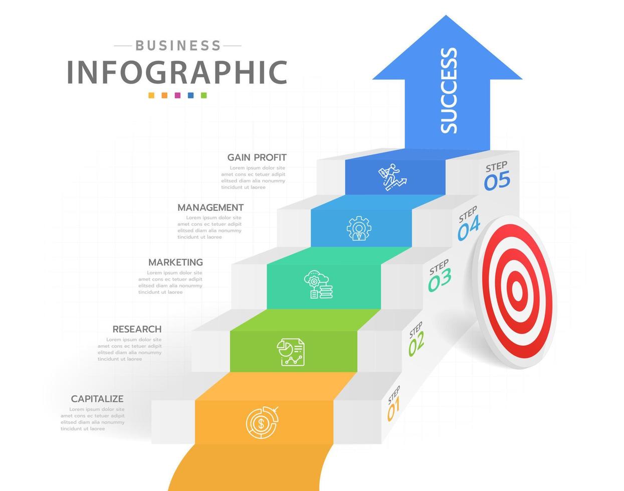 Infografik-Vorlage für Unternehmen. 5 Stufen modernes Treppendiagramm mit Pfeil und Themen, Präsentationsvektor Infografik. vektor