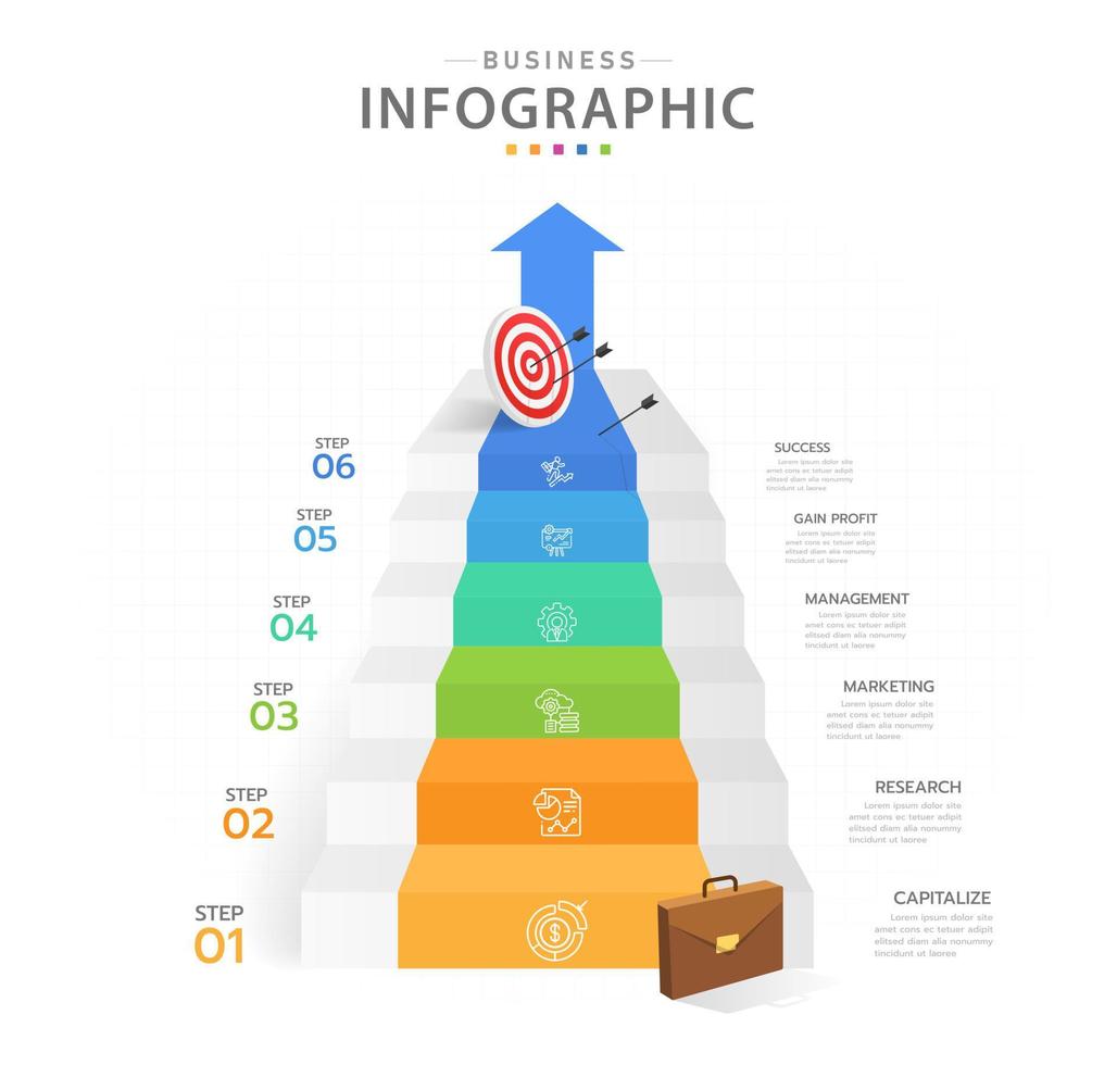 Infografik-Vorlage für Unternehmen. 5 Stufen modernes Treppendiagramm mit Dartscheibe und Pfeilen Präsentationsvektor Infografik. vektor