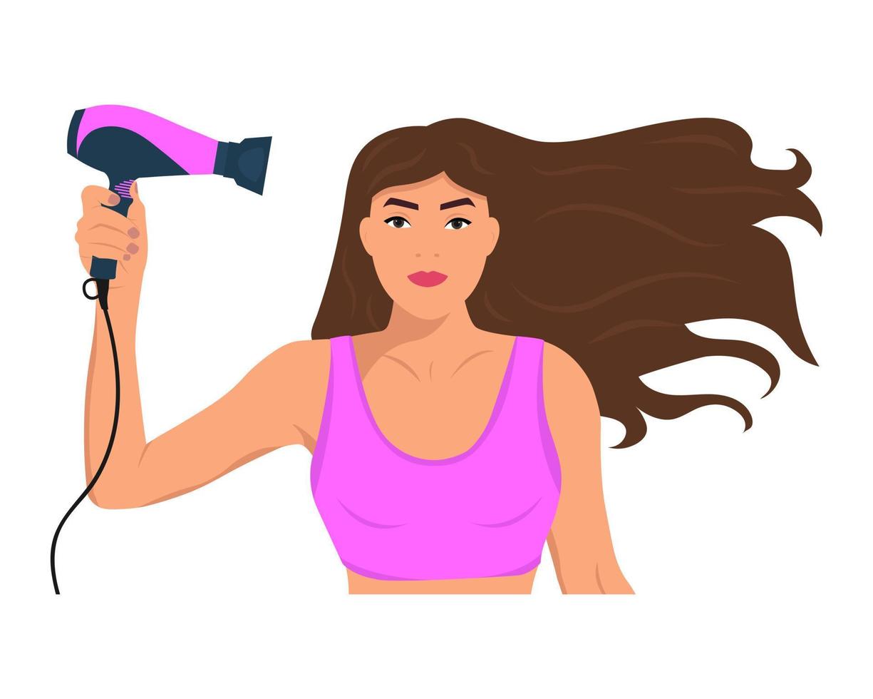 flickan torkar håret med en hårtork. hårvård. vektor
