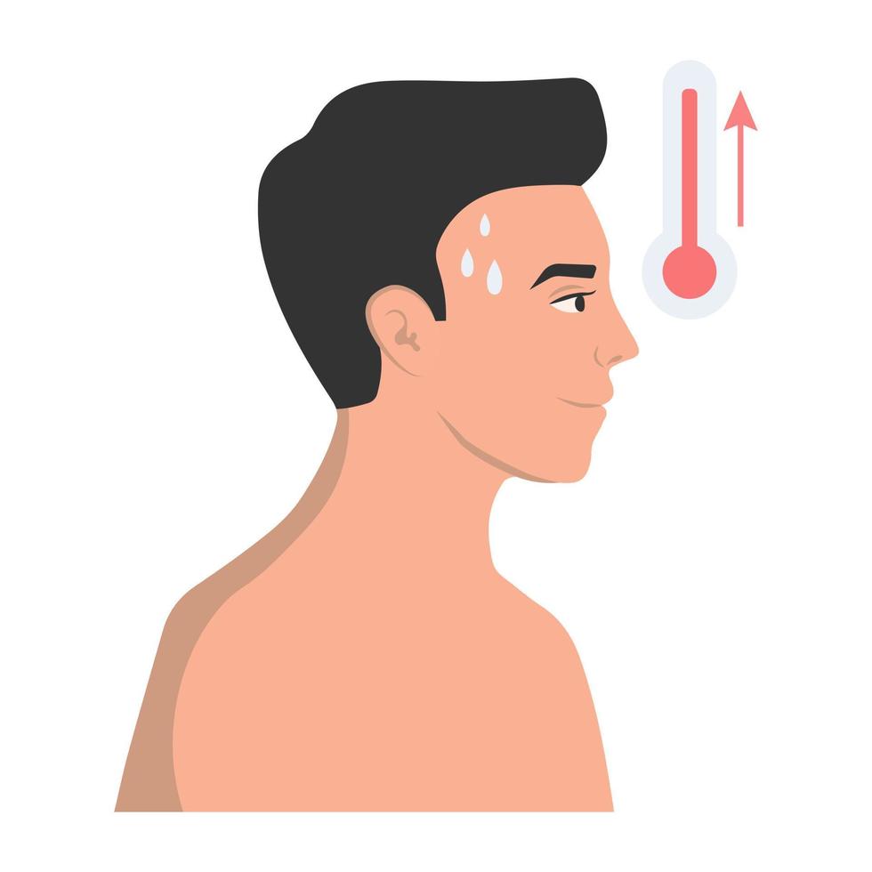 en man i feber med hög temperatur som ett symptom på virus, influensa, förkylning. vektor illustration.