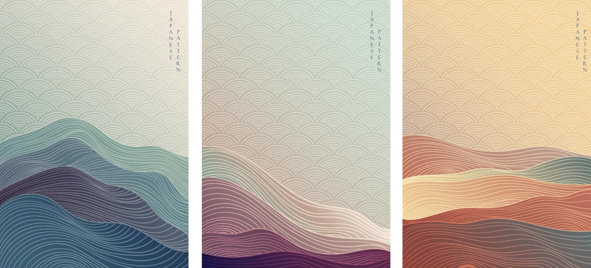 japansk bakgrund med handritad våg vektor. abstrakt mall med linjemönster. berg layout design i orientalisk stil. vektor