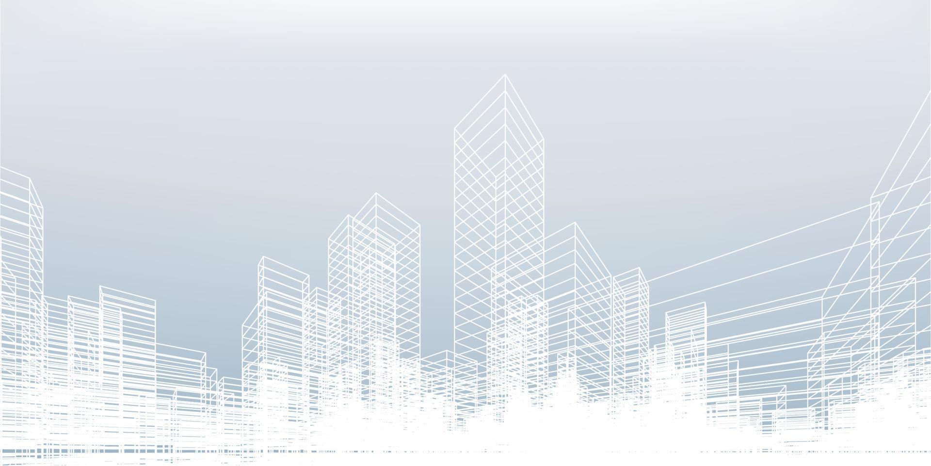 perspektiv 3d rendering av byggnad wireframe. vektor wireframe stad bakgrund av byggnad.