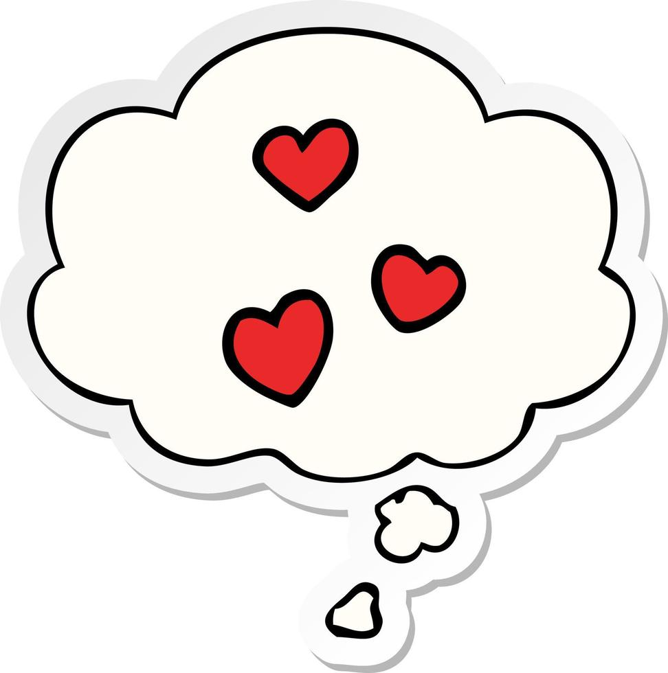 tecknad kärlekshjärta och tankebubbla som ett tryckt klistermärke vektor