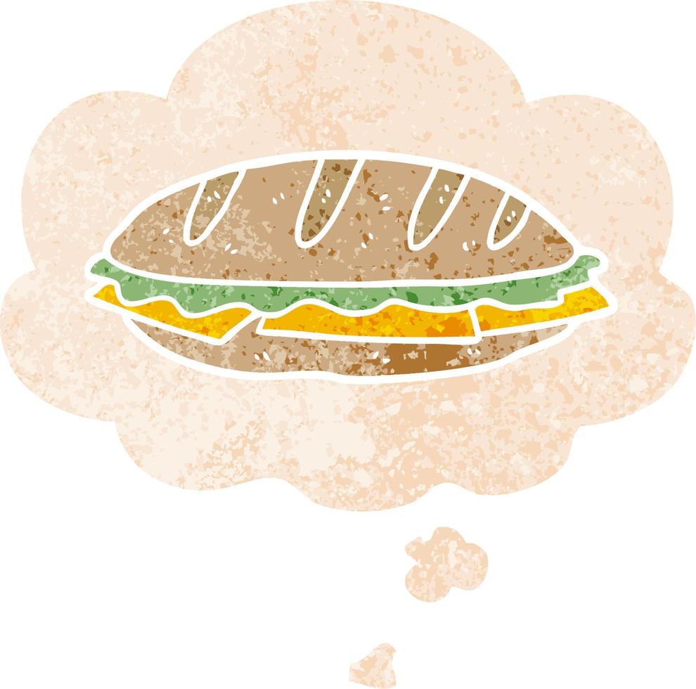 tecknad ostsmörgås och tankebubbla i retro texturerad stil vektor