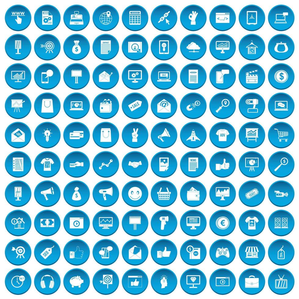 100 Internet-Marketing-Icons blau gesetzt vektor