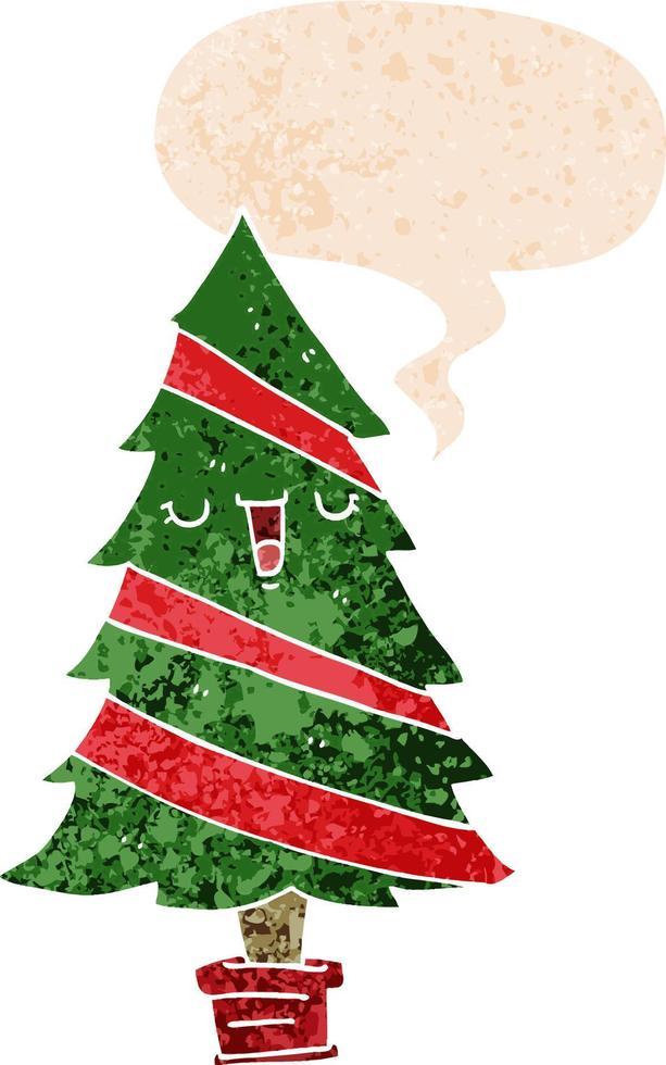 Cartoon-Weihnachtsbaum und Sprechblase im strukturierten Retro-Stil vektor