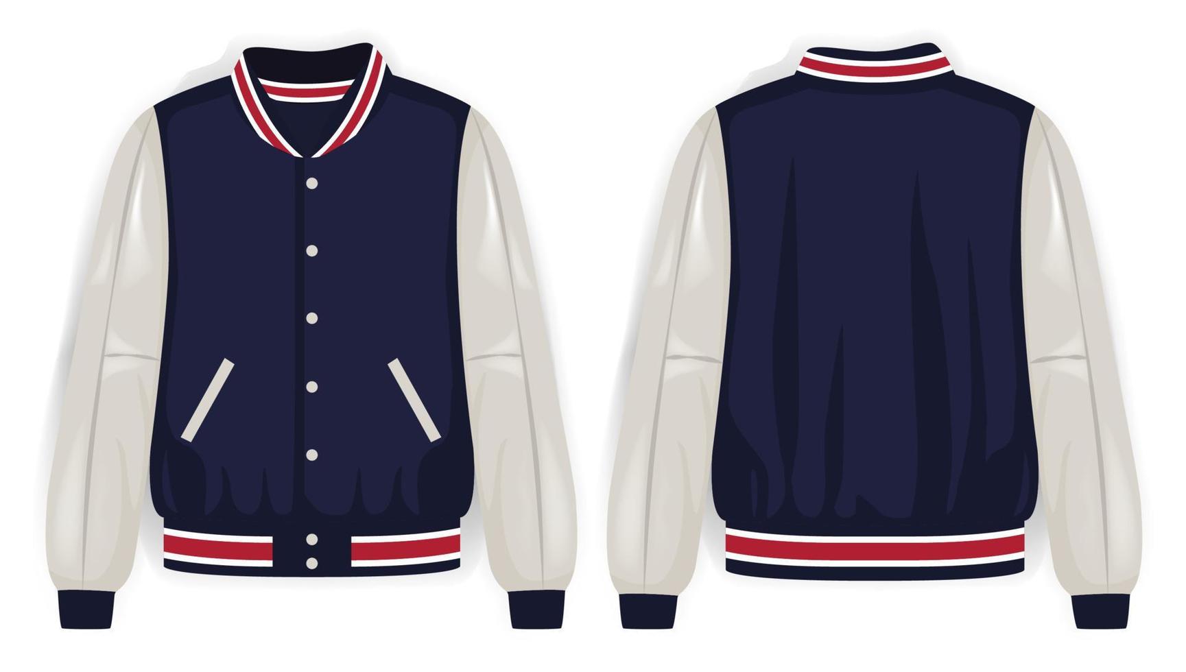 blå, vit och röd varsity jacka framifrån och bakifrån, vektor mockup illustration