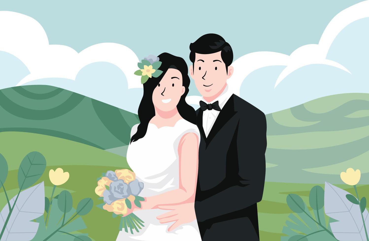 färgglad bröllopsdag bruden och brudgummen par äktenskapsceremoni med kulle landskap och landskap vektorillustration vektor