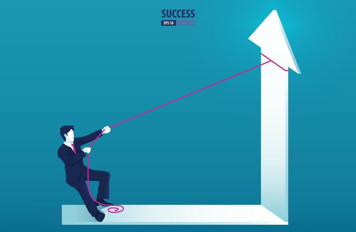 Geschäftsmann, der auf einem Pfeildiagramm steht und es mit einem Seil nach oben zieht. Diagramm nach oben wachsen, Gewinn steigern, Verkäufe und Investitionen steigern vektor