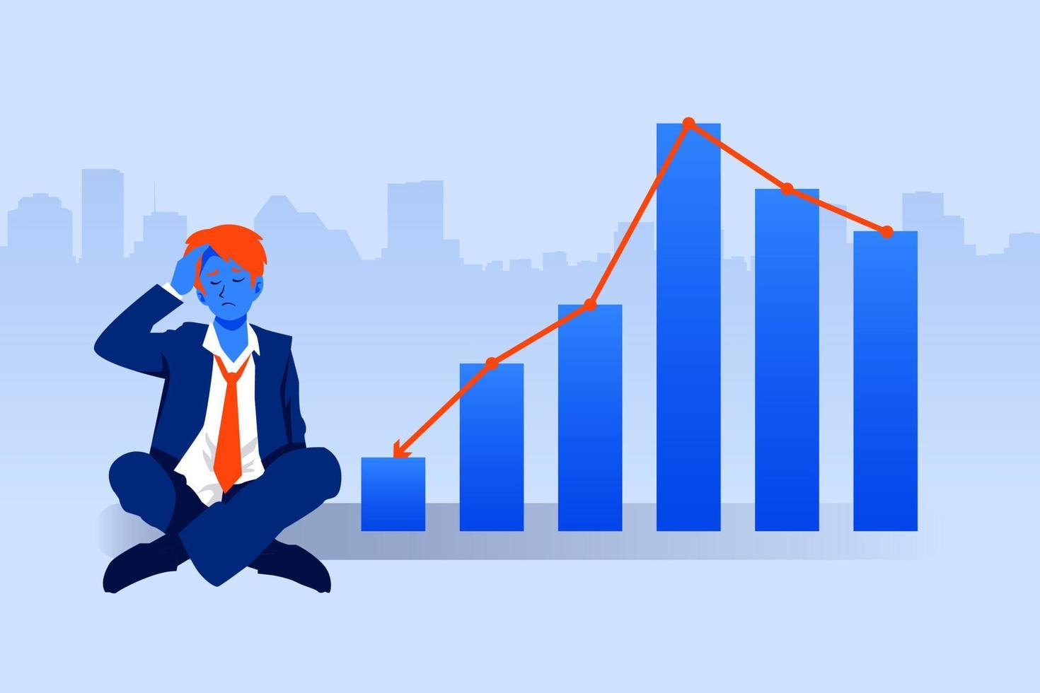 ledsen affärsman med diagramgrafpil nedåt, konkurskoncept, ekonomisk nedgång och global lågkonjunktur vektor