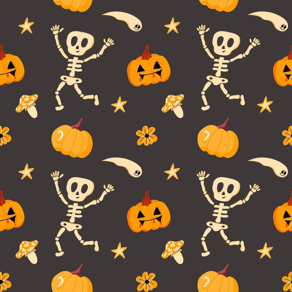 Vektormuster mit einem lustigen Skelett, Kürbissen und Geistern, in einem flachen Stil auf grauem Hintergrund. illustration für halloween, t-shirts, geschenkverpackung, postkarten, banner vektor