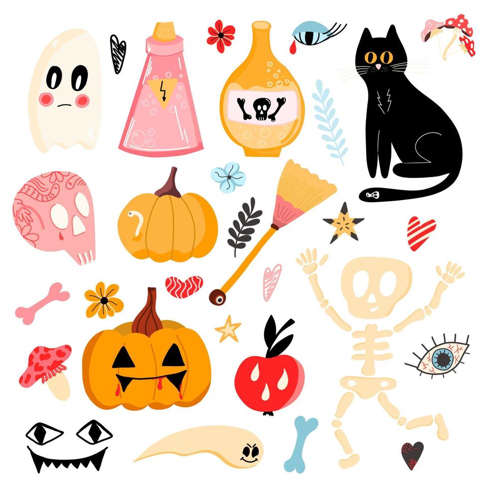 vektor stor uppsättning halloween-klistermärken med pumpor, skalle, skelett, öga, svart katt och annat. ett set för affischer, presenter, vykort, kläder, semesterdekor