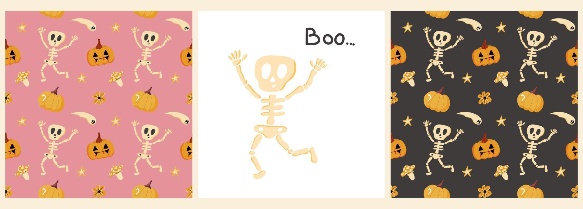 vektor uppsättning mönster och affischer med ett roligt skelett, pumpor, inskriptionen boo... på en färgad bakgrund. illustration för halloween, t-shirts, presentförpackning, vykort, helgdagar