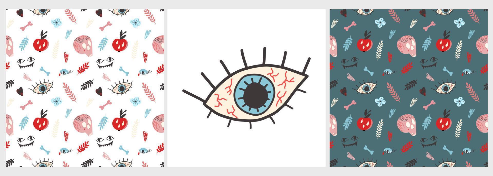 Vektorset von Mustern und Postern mit Totenkopf, Tattoos, Knochen, Apfel, Auge, in einem flachen Stil auf dunklem Hintergrund. illustration für halloween, t-shirts, geschenkverpackung, postkarten, banner vektor