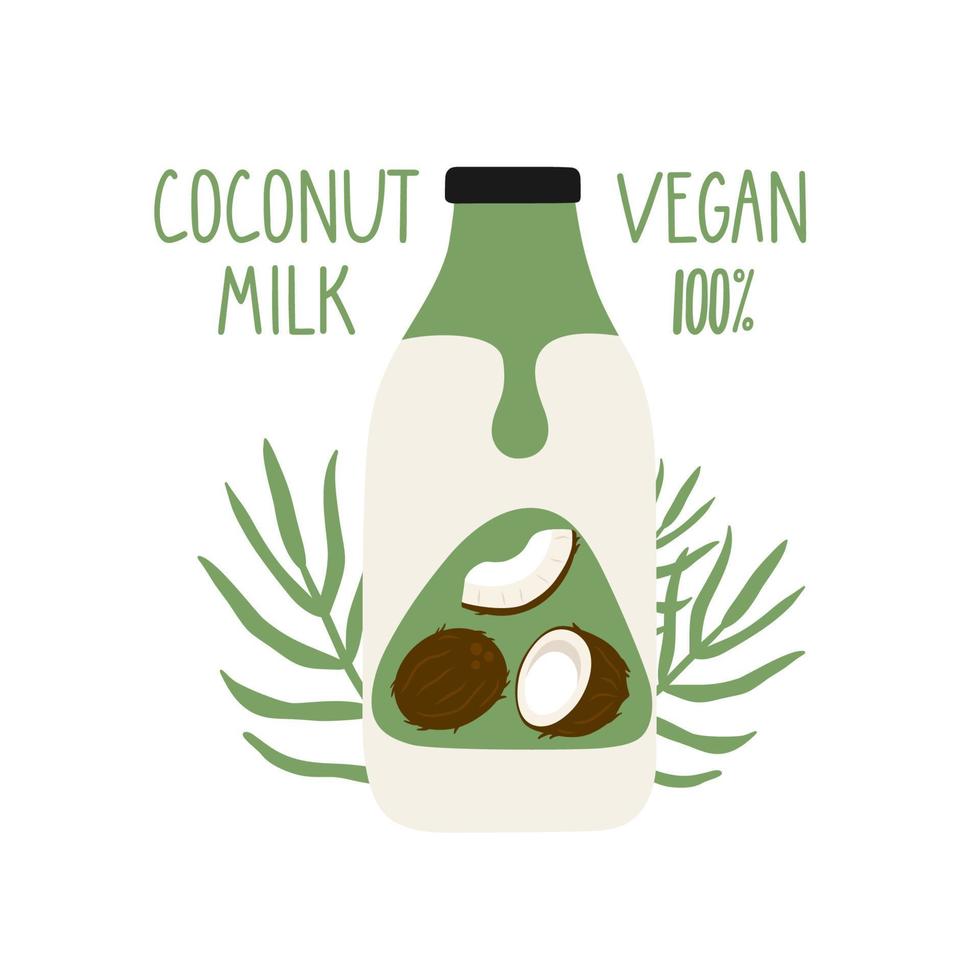 Kokosmilch in einer Cartoon-Flasche. vegane Milch. Verpackung. vektor handgezeichnete illustration.