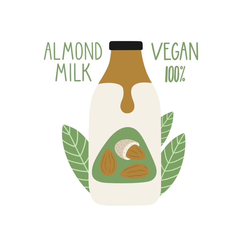 Mandelmilch in einer Cartoon-Flasche. vegane Milch. Verpackung. vektor