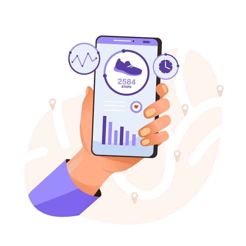 stegräknare app på smartphone. flicka hålla telefonen med stegräknare eller fitness tracker. stegräknare app på smartphone. vektor