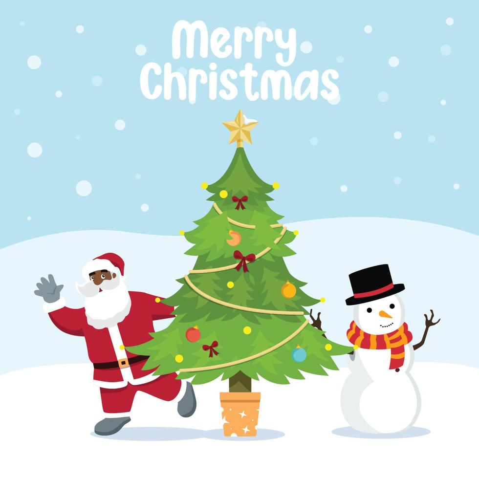 süßer lustiger weihnachtsmann versteckt sich hinter weihnachtsbaum auf einem schneebedeckten hügel. flache vektorillustration der frohen weihnachten vektor
