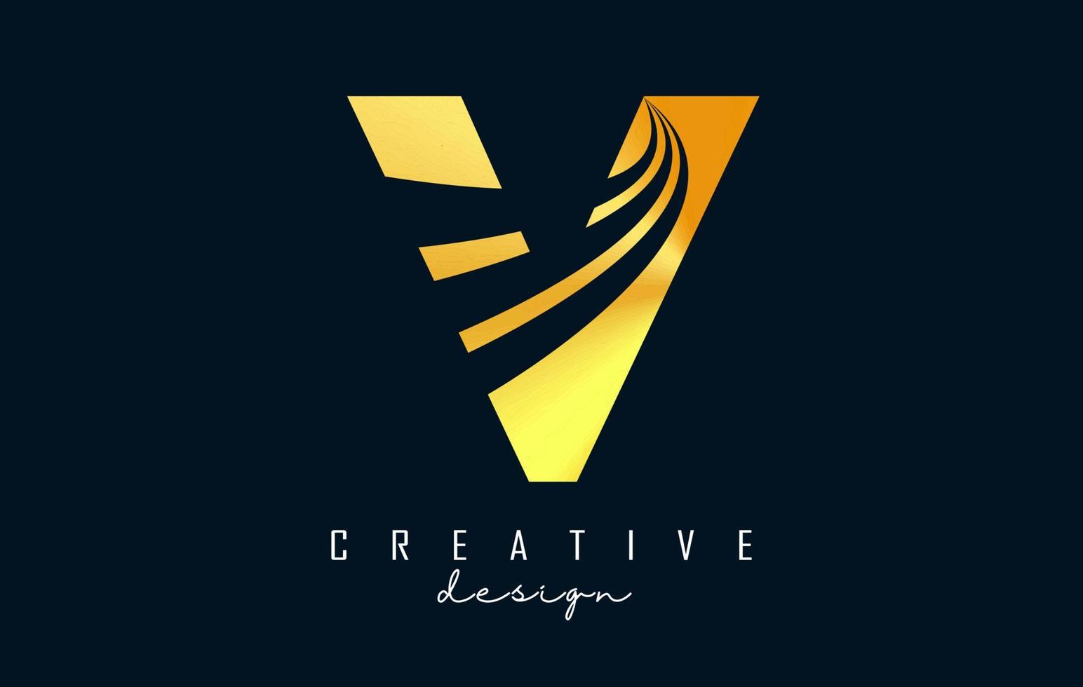 kreatives goldenes v-logo mit führenden linien und straßenkonzeptdesign. buchstabe v mit geometrischem design. vektor