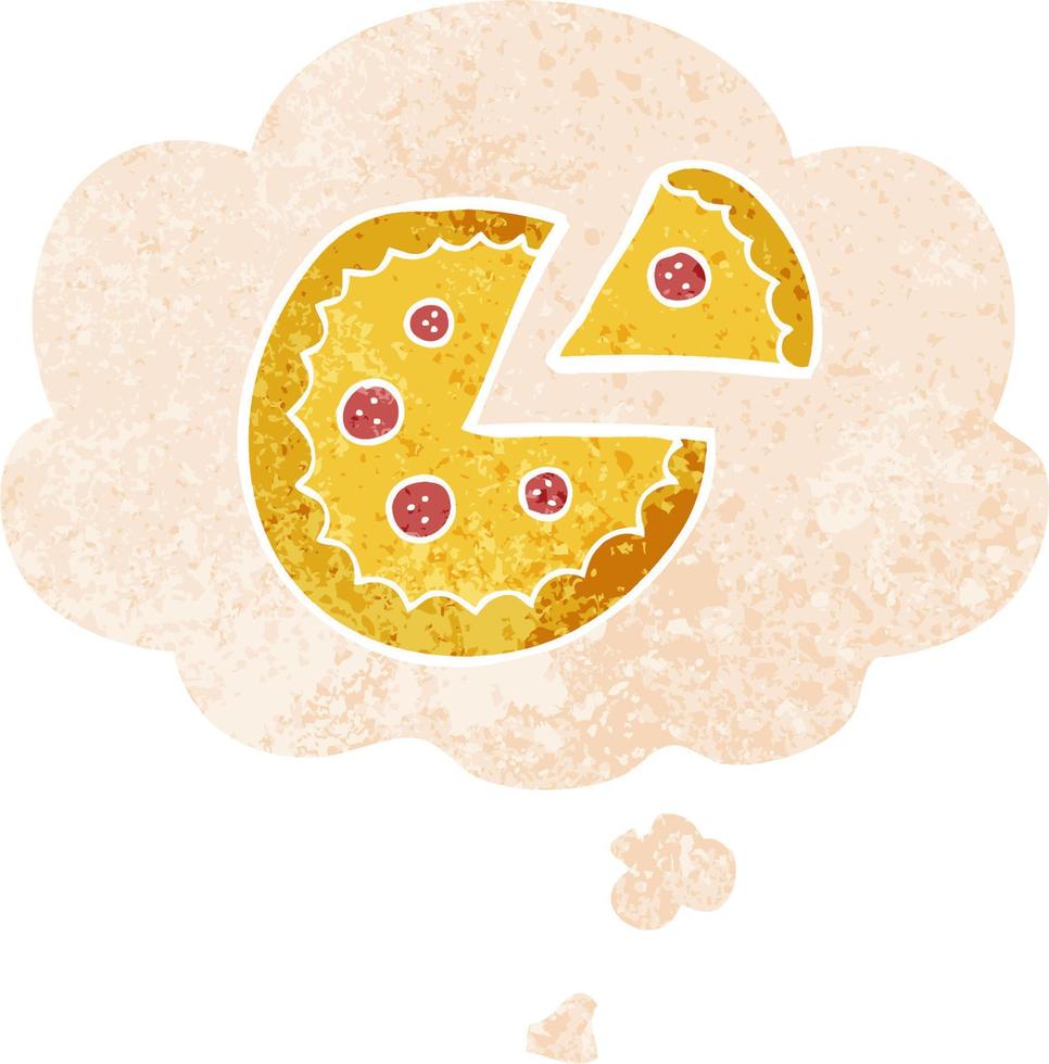 tecknad pizza och tankebubbla i retro texturerad stil vektor