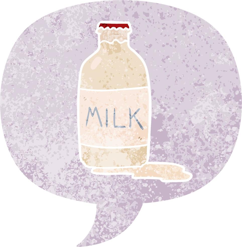 tecknad mjölkflaska och pratbubbla i retro texturerad stil vektor