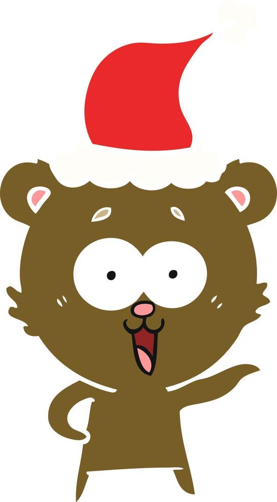 lachende teddybär flache farbillustration einer tragenden weihnachtsmütze vektor