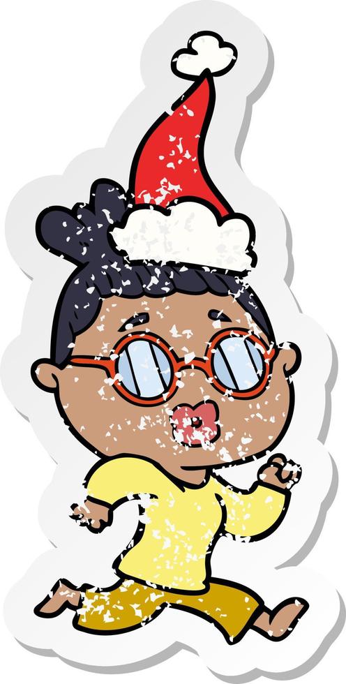 Distressed Sticker Cartoon einer Frau mit Brille und Weihnachtsmütze vektor