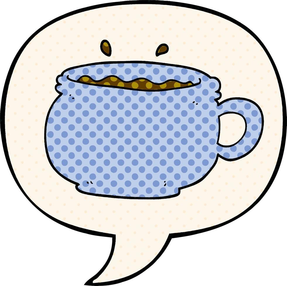cartoon heiße tasse kaffee und sprechblase im comic-stil vektor