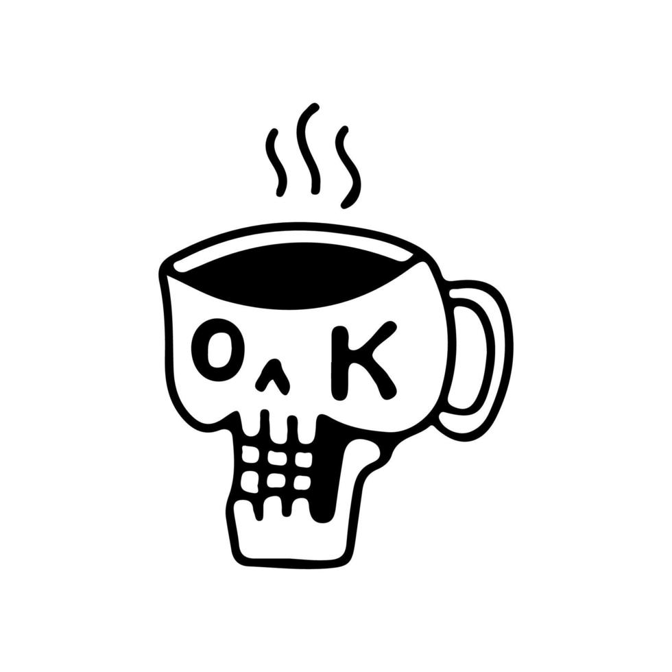 Schädelkaffeetasse mit ok Typografie in den Augen, Illustration für T-Shirt, Aufkleber oder Bekleidungswaren. mit Doodle-, Retro- und Cartoon-Stil. vektor