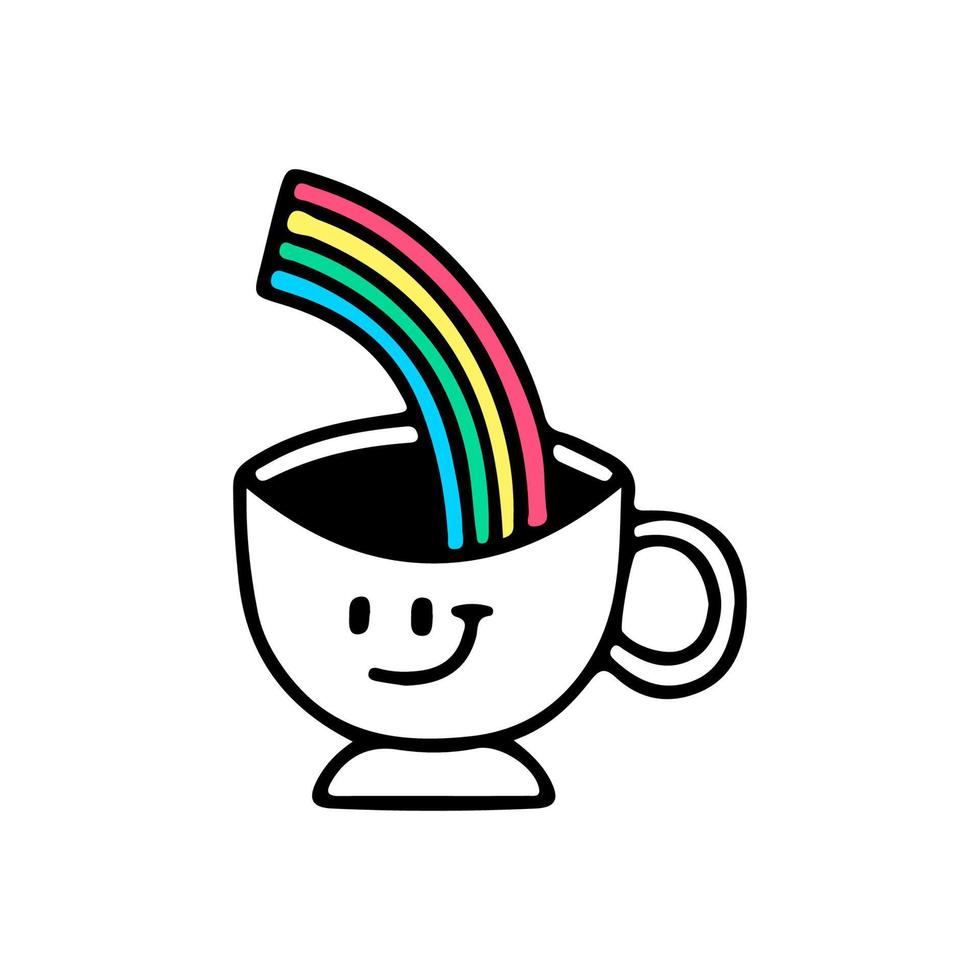 tasse kaffeecharakter mit regenbogen, illustration für t-shirt, straßenkleidung, aufkleber oder bekleidungswaren. mit Doodle-, Retro- und Cartoon-Stil. vektor