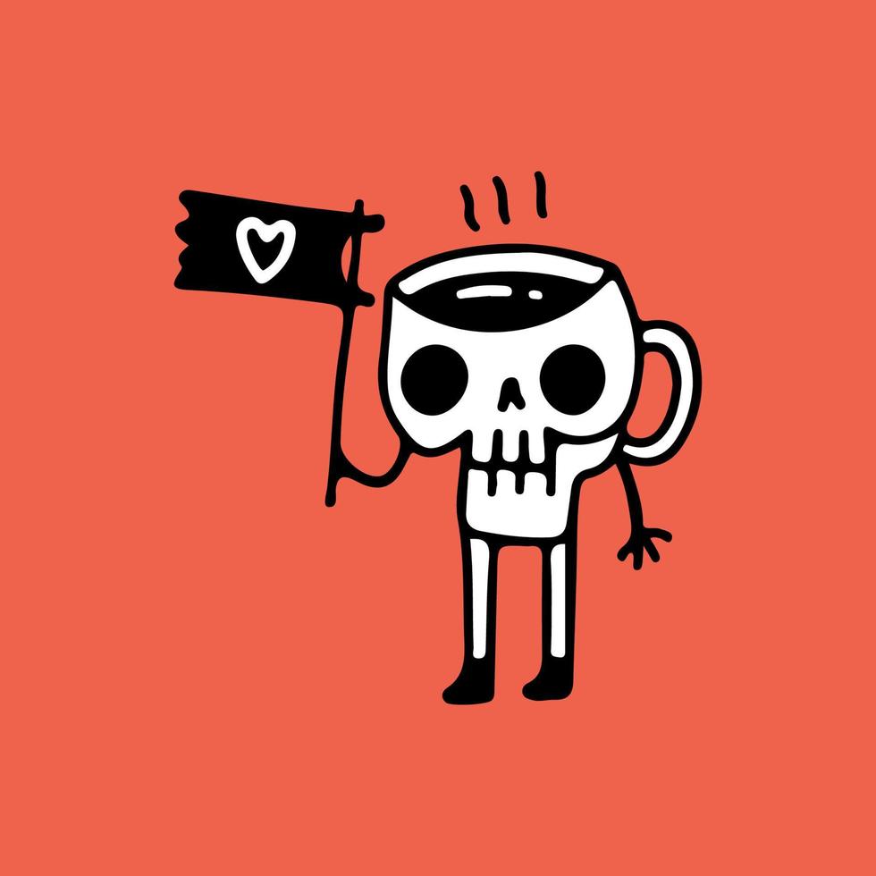 kaffekopp dödskalle karaktär som håller flaggan med kärlekssymbol, illustration för t-shirt, klistermärke eller klädesplagg. med doodle, retro och tecknad stil. vektor