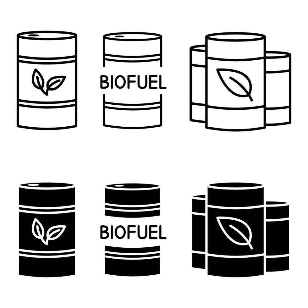 fat med biobränslen. biomassa energi koncept. set av fat med miljövänligt bränsle. alternativa hållbara resurser. förnybar energi vektor